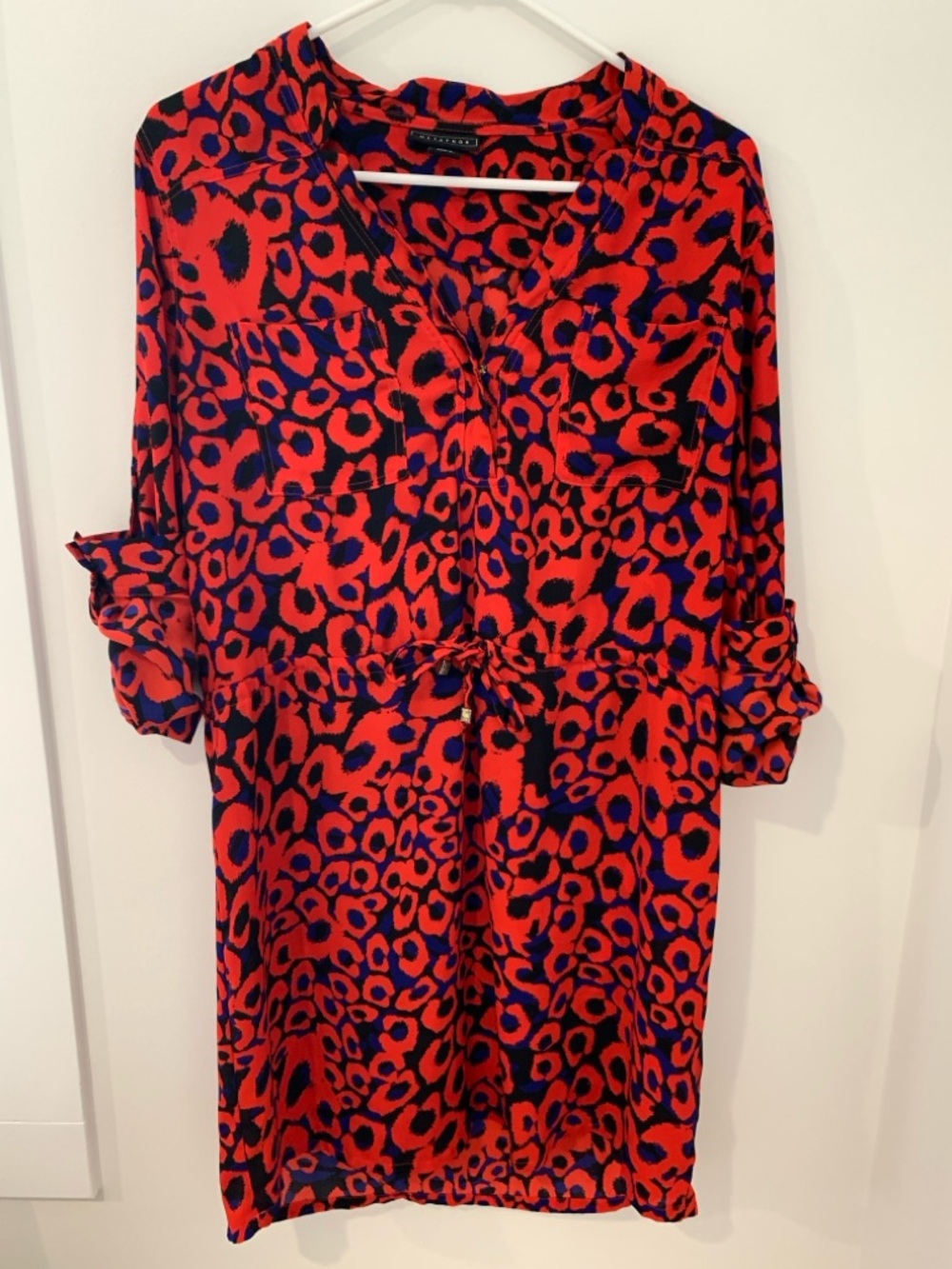 Metaphor red and navy animal-print tie-waist shirtdress